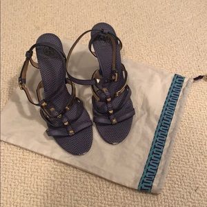 Tory Burch python wedge sandal with gold details